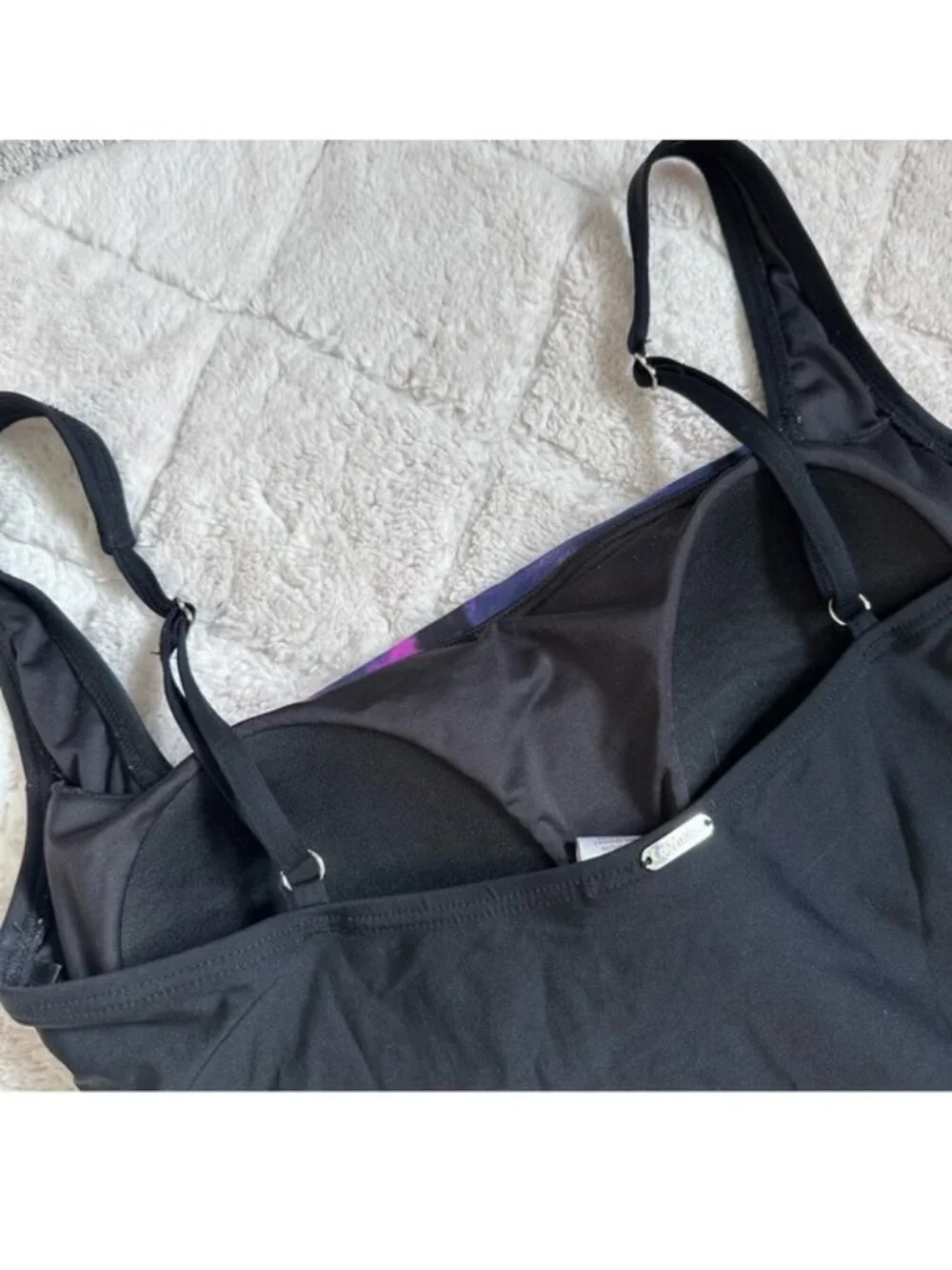 Calvin Klein | Black and Purple Monet Pleated One-Piece Swimsuit | Size 12